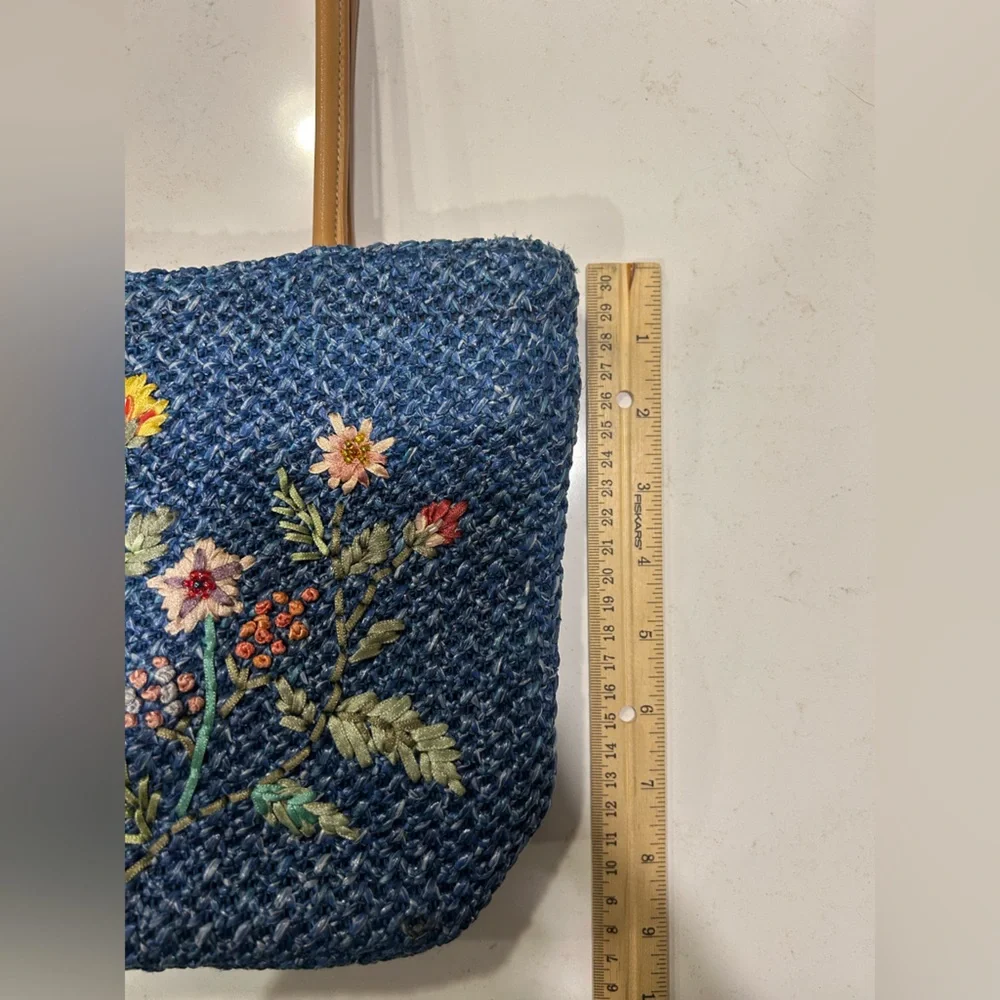 Blue Woven Straw Tote Floral Embroidered‎ Shoulder Bag Boho Cottagecore